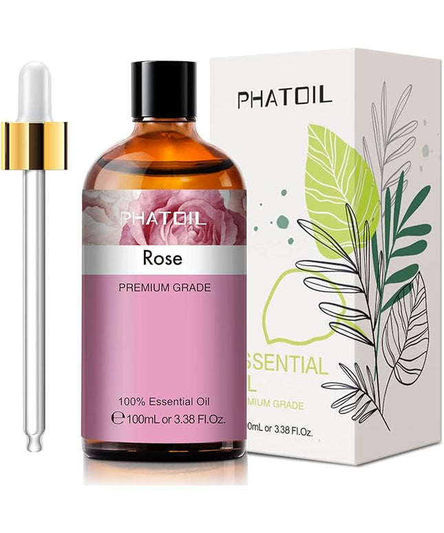 PHATOIL 3.38FL.OZ Rose Essential Oil with Glass Dropper, for Aromatherapy Diffusers, Humidifiers, Great for DIY Candle and Soap Making, Huge 100ML Bottle