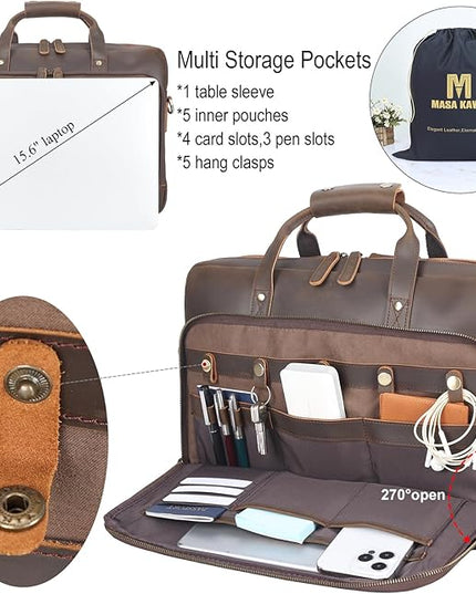 Masa Kawa Leather Briefcase for Men 17/15.6" Laptop Crossbody Shoulder Messenger Bag Business Travel Work Attache Case