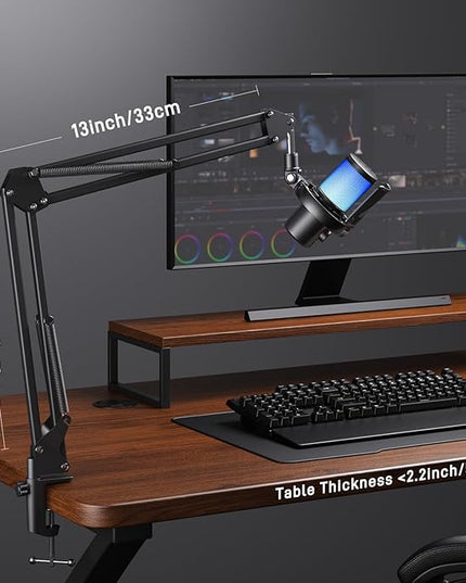 MAONO Boom Arm Microphone Stand: Adjustable Metal Suspension Mic Boom Arm for Podcast Gaming Streaming Recording,with Desk Clamp and 3/8" to 5/8" Screw Adapter-Max Load 1KG BA20 Black