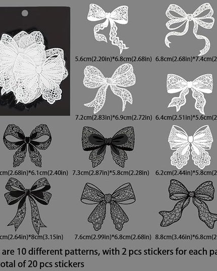 20Pcs Lace Bow Stickers for Scrapbooking Junk Journal Supplies Black White Bows PET Stickers for Journaling Scrapbook Sticker Pack Collage Vintage Decorative Sticker Stationery Decals for Crafts