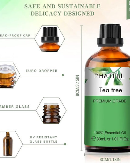 PHATOIL 1.01FL.Oz Tea Tree Essential Oil, for Aromatherapy Diffusers, Humidifiers, Great for DIY Candle and Soap Making, Gift for Friend(30ML)