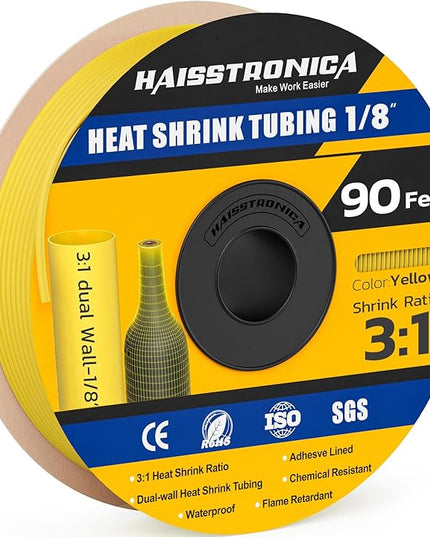 haisstronica 3:1 Heat Shrink Tubing, Shrink Ratio Adhesive Lined Marine Grade Heat Shrink Tube for Home, Automotive and Industrial (Yellow) 90FT 1/8inch
