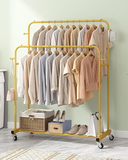 Laiensia Double Rods Garment Rack with Wheels, Clothing Rack for Hanging Clothes,4 Hooks, Multi-functional Bedroom Clothes Rack, Gold