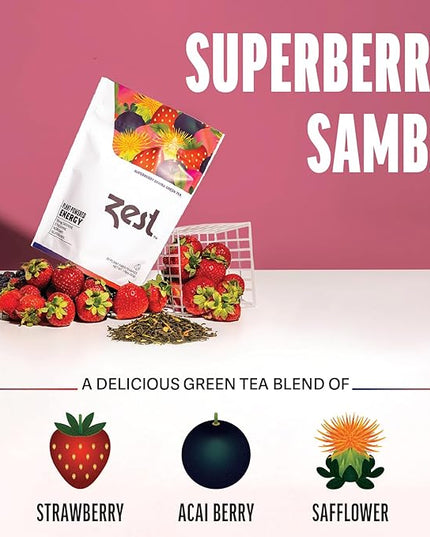 Zest Energy Green Tea - Superberry Samba - High Caffeine Strawberry, Acai, & Passion Fruit Tea - Caffeinated Coffee Altnernative with Antioxidants - Natural, Non-GMO & Keto - 20Ct Pack - 135mg Caf