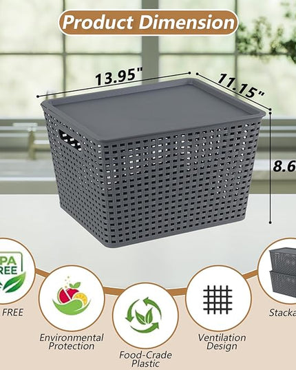 Xyskin 6 Packs Storage Bins with Lids, Plastic Storage Containers with Lids, Stackable Storage Box Baskets for Organizing Desktop Closet Playroom Classroom Office, Gray