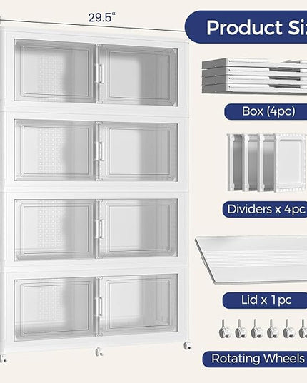 160Gal Stackable Storage Bins with Lid, 640Qt Extra Large Collapsible Storage Box with Wheels, Dividers, Folding Plastic Cabinet Closet Organizers for Home Kitchen Office Dorm, 4Pack White