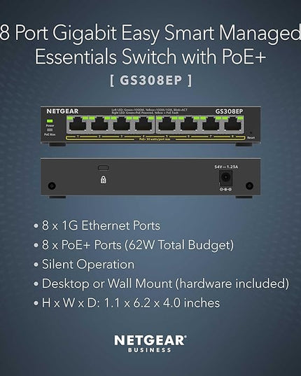 NETGEAR 8 Port PoE Gigabit Ethernet Easy Smart Managed Essentials Switch (GS308EP) - with 8 x PoE+ @ 62W, Desktop or Wall Mount