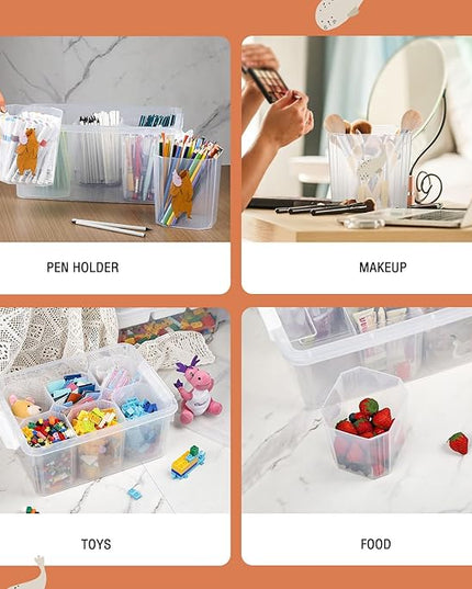 loobuu 17QT Plastic Storage Bins with Lids - 1 Pack Art Craft Supply Organizer Box with Brush Pot for Kids, Stackable Clear Pen Container for Toy/Sewing/Comestic/Tool/Playdoh (1 Pack)