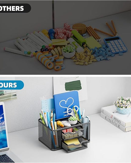 Marbrasse Mesh Desk Organizer, Pen Organizer with 2 Drawer, Multi-Functional Pencil Holder, Desk Organizers and Accessories with 5 Compartments + Drawer for Office Art Supplies (Black)