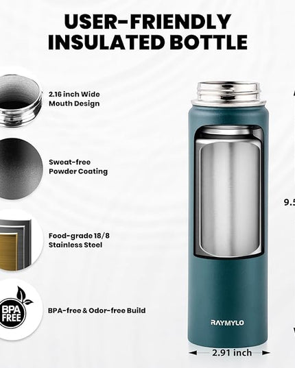 Insulated Water Bottle 20 oz, Triple Wall Vacuum Stainless Steel (Cold for 48 Hrs), Leak Proof & Non-BPA, Kids Water Bottle Jug for School with Straw Spout Lids, Dark Green