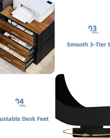 Computer Desk with Storage Drawers, 67 Inch Wooden Office Desk with Long Monitor Stand&Printer Shelf, Reversible Long Desk with LED Lights for Bedroom, Escritorios para Computadoras, Black and Walnut