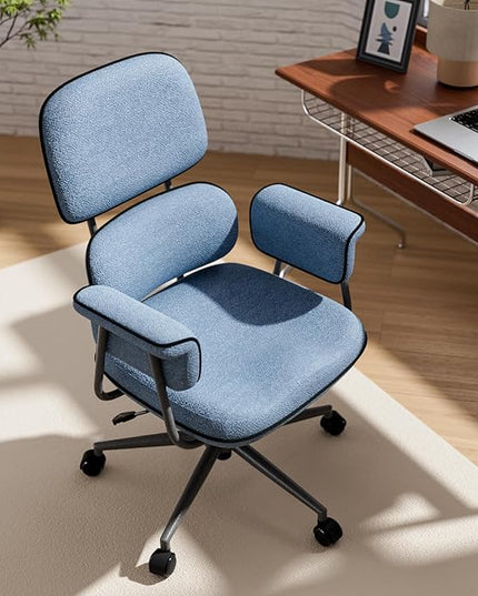 Blue Desk Chair with Wheels and Wide Arms, Soft Granular Linen Fabric Office Chair, Mid Back Vintage Comfy Home Office Desk Chairs with Memory Foam Seat Cushion, Adjustable Height