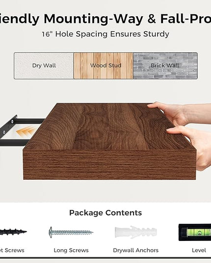 12 Inch Deep Floating Shelves, 24 x 12 Floating Shelf for Books, Rustic Wood Deep Wall Shelves for Home Storage & Display, 2" Thicked Shelves for Kitchen, Living Room, Bedroom, Walnut Color, 2 Pack