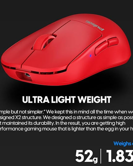 Pulsar Gaming Gears X2H mini Wireless Gaming Mouse, Limited Color Edition, Ultra Lightweight 1.83 oz (52 g), Symmetrical, Optical Switch, 26000 DPI, PAW3395 Sensor (Mini, Wireless, Red)