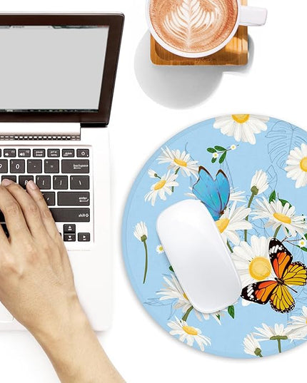 Butterfly and Flowers Round Mouse Pad,Non-Slip Rubber Base Desk Accessory,8.7 Inch Round