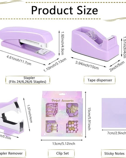 Office Supplies Set,Desk Accessories,Stapler and Tape Dispenser Set,1000 Staples,Staple Remover,Hinder Clips,Ruler,Scissor,Clear Tape,Ballpoint Pen,Sticky Notes,Gifts for Colleagues(Purple)