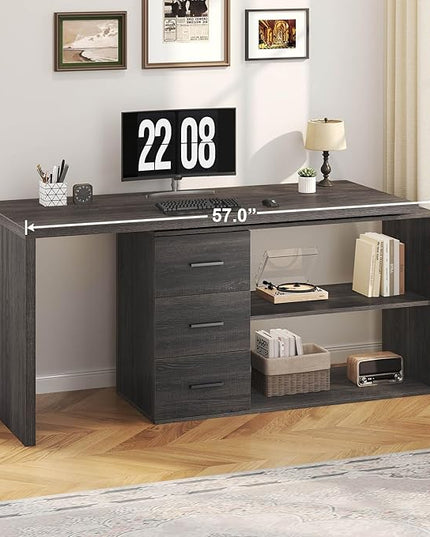 HSH L Shaped Computer Desk with Drawers, 360 Rotating L Shape Desk with Storage Cabinet Shelves, Industrial Home Office Desk for Executive Writing Study Work, Dark Wood Table Swivel Desk, Gray 55 Inch