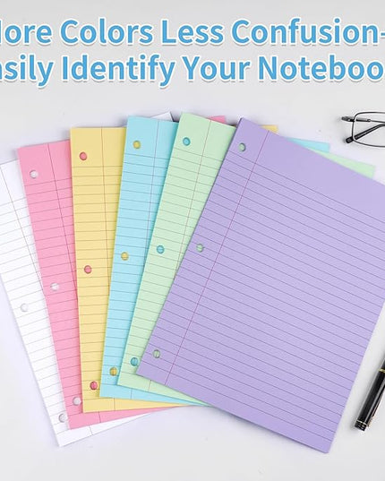 6 Color Loose Leaf Paper College Ruled, 120 Sheets 8" X 10.5" Colored Notebook Paper, 3-Hole Punched 70 Gsm Lined Paper For 3-Ring Binders, Loose Leaf Office Paper