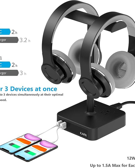KAFRI Dual Headphone Stand with USB Charger Desk Gaming Double Headset Holder Hanger Rack with 2 USB Charging Port and 2 Outlet - Suitable for Gamer Desktop Table Game Earphone Accessories Gift