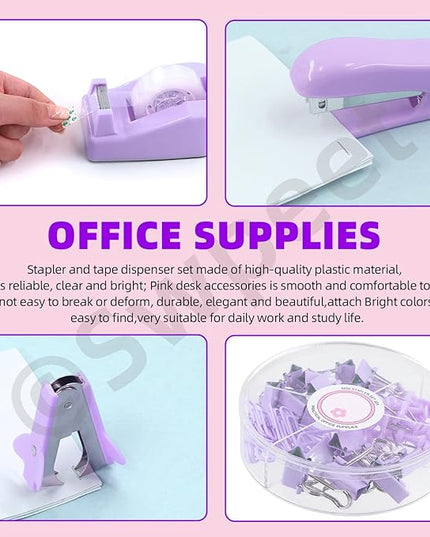 Swpeet 9Pcs Purple Office Supplies Kit, Desk Accessories Including Stapler, Tape Dispenser, Staple Remover, Tabs, Scissors, Staples, Tape, Clips and Sticky Note Ideal for Office and School