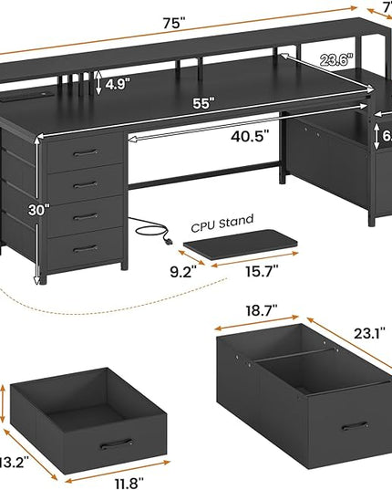 SEDETA 75'' Computer Desk with 5 Drawer, Power Outlet & Led Lights, Home Office Desk with File Drawer, Storage Shelves, Printer Cabinet and Monitor Shelf, 23.6" W Large Desktop Gaming Desk, Black