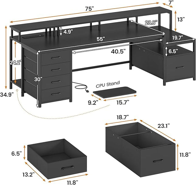 SEDETA 75'' Computer Desk with 5 Drawer, Power Outlet & Led Lights, Home Office Desk with File Drawer, Storage Shelves, Printer Cabinet and Monitor Shelf, 23.6" W Large Desktop Gaming Desk, Black
