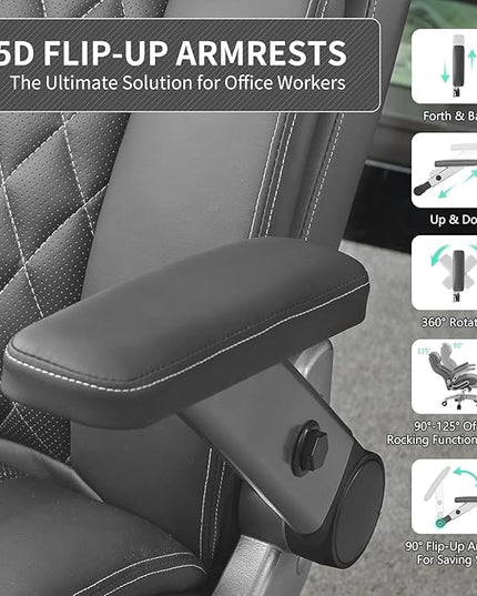 Big and Tall Office Chair with 5D Arms, 600lbs Heavy Duty Desk Chair with Adjustable Lumbar Support, PU Leather High Back Ergonomic Executive Computer Chair with 3'' Silent Casters
