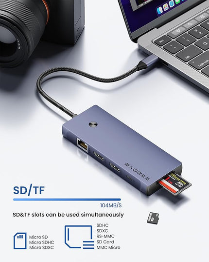 Laptop Docking Station Dual Monitor, 10-in-1 USB-C Hub with Dual HDMI 4K, Ethernet, PD 100W Charging, USB 3.0 USB-A and USB-C with 5Gbps Data Transfer, SD/TF Card Reader, for MacBook, and More
