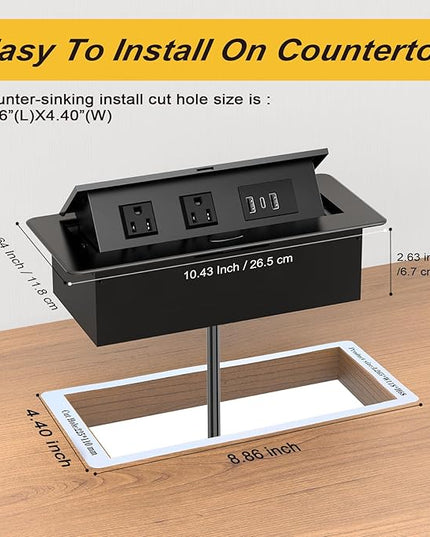 UL Listed Recessed Power Strip, Pop Up Power Cover Box Desktop Socket with PD 20W USB C Charging Ports, Stainless Steel Receptacle Outlet for Conference Room Countertop (Black-USB C)