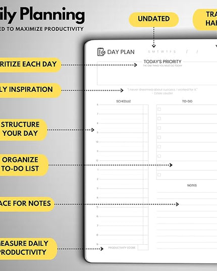 Undated Daily Planner – 6-Month A5 Productivity Organizer with Full Page Per Day, Hourly Schedule, Goal Setting, Habit Tracker, Weekly & Monthly Pages – Hardcover Time Management Notebook (Black)