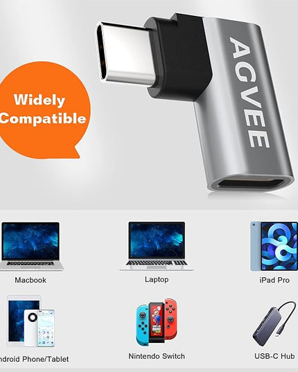 AGVEE 4 Pack Side Angle 90 Degree USB-C Male to USB-C Right Angled Female Adapter (Type-C 3.2 Gen 2) Converter Video Type-C 10G Data Extension Coupler Converter Connector, Black