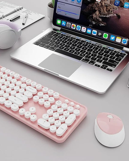 Wireless Keyboard and Mouse Combo, Ergonomic Full Size Typewriter Retro Round Keycaps Keyboard, Compatible with Windows, PC, Perfer for Home and Office Keyboards (Lovely Pink)