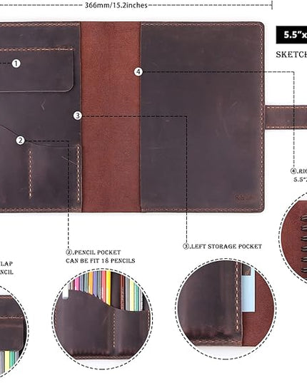 Robrasim Handmade Leather Sketchbook Cover, Leather Artist Sketch Pad Cover for 5.5" x 8.5" Sketchbook, Drawing Book and Pencil Case, Journal Notebook Portfolio, Artis Gifts-Coffee