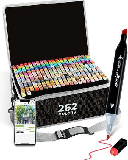 262 Colors Alcohol Markers with Free App, Chisel & Fine Tip Alcohol-Based Marker Set for Adults, Dual Tip Artist Markers for Drawing, Coloring Illustration, Painting and Great Gift Idea