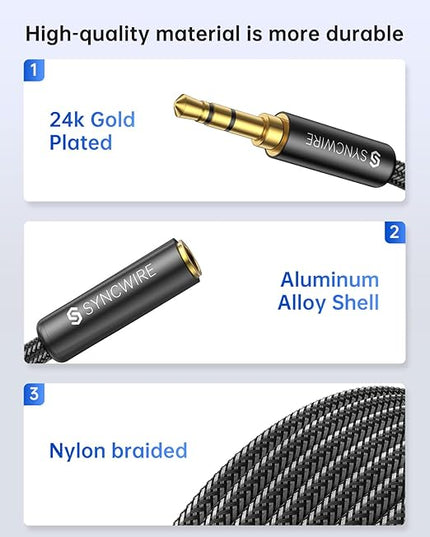 Syncwire Headphone Extension Cable - 6FT [Hi-Fi Sound][Gold Plated Jack][TRS] Nylon-Braided 3.5mm Male to Female Audio Extension Cord Compatible with iPhone iPad Smartphone Tablets Media Players