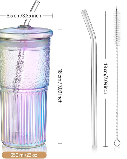 Joeyan 22 oz Iridescent Glass Tumbler with Straw and Lid for Iced Tea Coffee Smoothie Water Juice Beverages Soda,Ribbed Glasses Cups,Borosilicate Drinking Jar,Set of 2