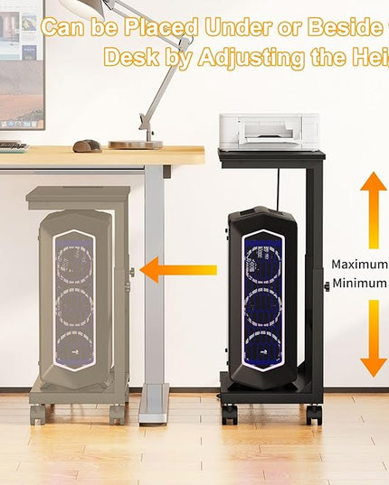 Snughome Computer Tower Stand with Charging Station, 25.0"-32.1" Height Adjustable PC Tower Stand for Floor, Mobile PC Holder with Locking Wheels Computer Cart for Home Office