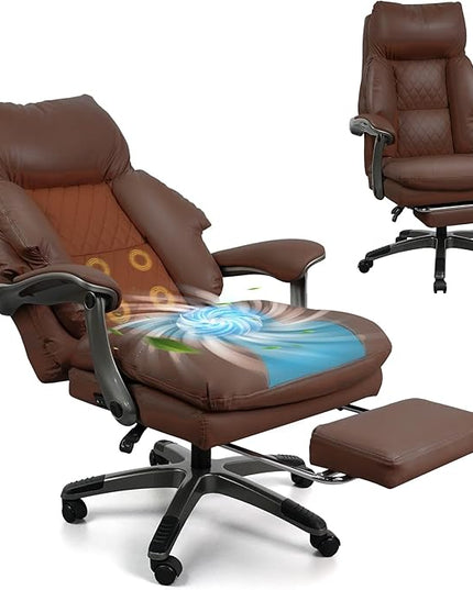 Leather Office Chair with Footrest, Reclining Desk Massage Chair with 3-Speed Cooling Seat (Ventilation) & Heated Lumbar, Big & Tall 400 lbs, Light Coffee