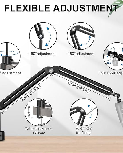Microphone Boom Arm,Aokeo AK-45 Desk Adjustable Compact Mic Suspension Boom Scissor Arm Stand For Blue Yeti,Snowball iCE, HyperX QuadCast,SoloCast,Elgato Wave,Etc