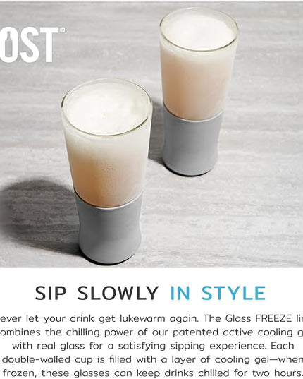 Host Glass FREEZE Double Wall Insulated Beer Glasses, 16oz Set of 2 in Gray