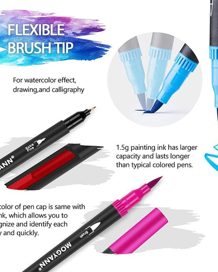 Mogyann Markers for Adult 100 Colors Dual Tip Pens with Fine and Brush Tip for Coloring and Calligraphy Drawing