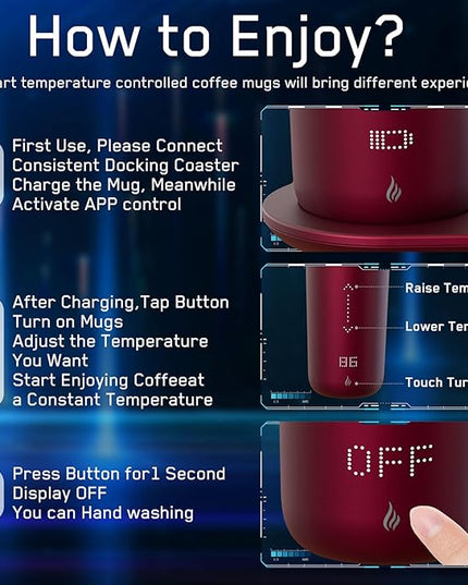 LEGARDLILIU Temperature Control Heated Coffee Mug Smart Self Heating Travel Mug 12 Oz App Controlled Warmer Mug 4-10 Hour LED Display Keep Coffee Hot Fast Wireless Charger Base Rogue red