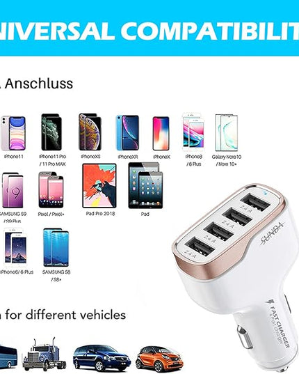 SUNDA 48W/9.6A USB Fast Car Charger, 4-Ports Car Charger Adapter for Apple and Android Smart-Phones, Car Phone Smart Charger Compatible with iPhone17/16 Pro/Max/iPhone 15/Pad Pro/Galaxy/Samsung