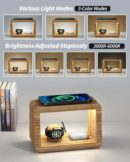 Bamboo Wireless Charging Station 4-in-1 Wireless Charger with Nightlght, Compatible with iPhone 17/16/15/14/13/12 Pro Max/X/Xs Max/8, AirPods 4/3/ & AirPods Pro3/2/1, Apple Watch Series