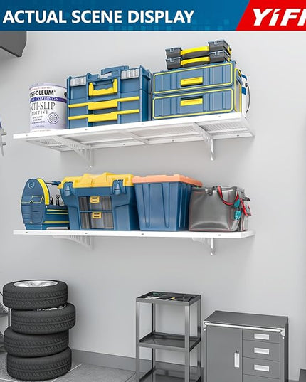 2-Pack 1.5x4ft Heavy Duty Garage Wall Shelving, 500 lbs Load Capacity, Garage Shelving Wall Mounted, Storage Rack with Hooks, White
