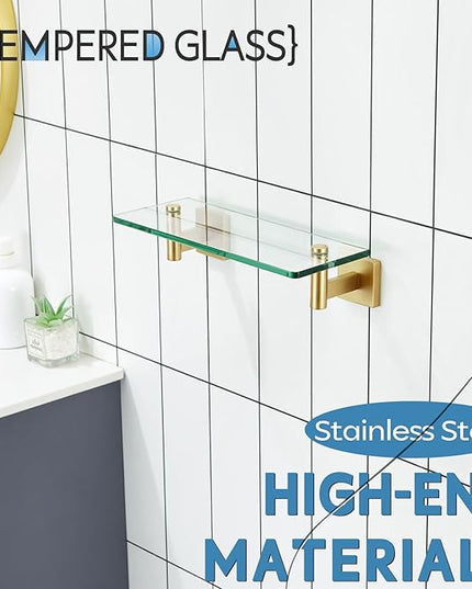 KOKOSIRI Wall Shelves Floating Shelf 12'' Gold Stainless Steel Bathroom Hardware Tempered Glass Hanging Rack Storage/Room Decor 2 Pack B1105BG-L12-P2