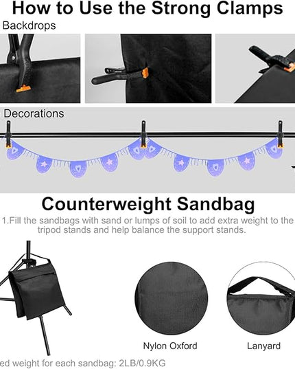 10x7ft Adjustable Photography Backdrop Stand Kit – Photo Studio Background Support with 4 Crossbars, 4 Clamps, 2 Sandbags (with 10 * 7 Feet Black Backdrop Curtain)