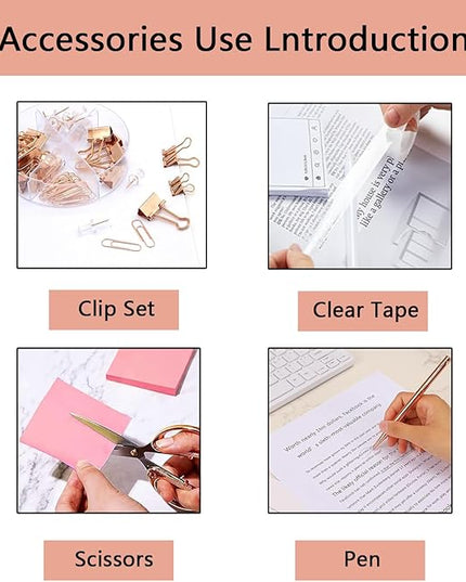 suniya Office Supplies,Desk Accessories,with Stapler,Tape Dispenser,Staple Remover,Scissor,Ballpoint Pen,Clear Tape,Staples,Binder,Best Gift Set(Rose Gold)