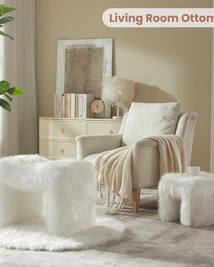 Ottoman Set of 2 Small Footstool Ottoman Vanity Stool Chair Faux Fur Seating Backless Modern Foot Rest Furry for Makeup Room Living Room Bedroom Entryway,White (2-in-1)