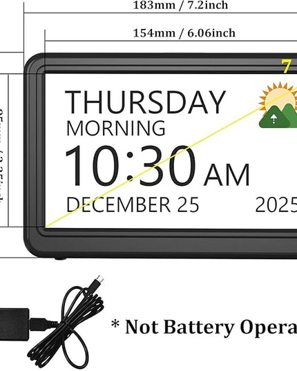 Clock with Day and Date for Elderly, 7" Large Display Digital Calendar Day Clock with 20 Custom Alarms and Medicine Reminders, 12 Display Modes, Dimmable Dementia Alzheimers Clocks for Seniors